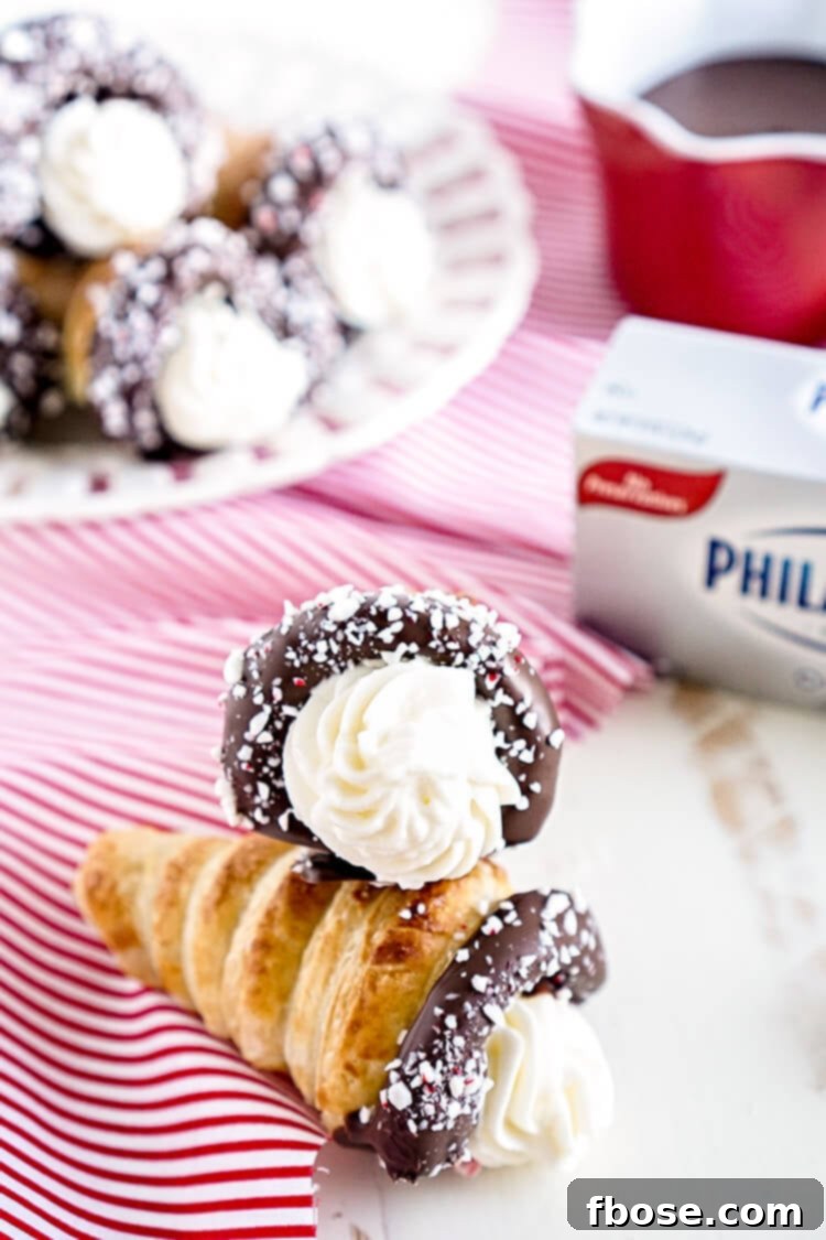 Various Chocolate Peppermint Cheesecake Cream Horns arranged on a serving platter.