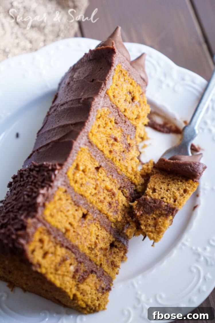 A close-up of the Chocolate Pumpkin Cake, showing its delightful texture and festive sprinkles on the side.