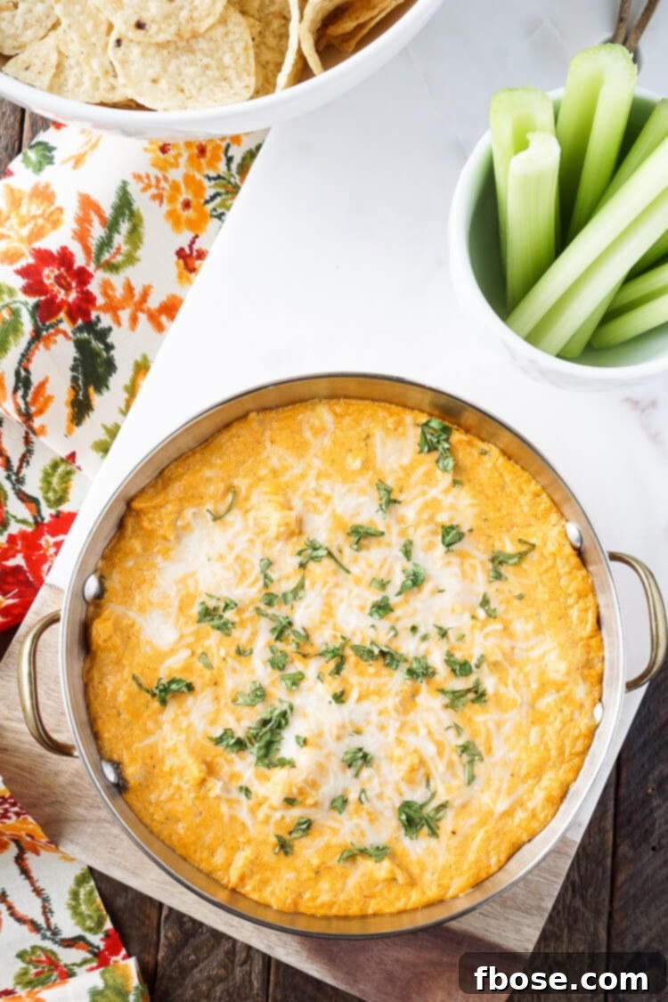 Sizzling Buffalo Chicken Dip 3 This Baked Buffalo Chicken Dip is made with real cream and blue cheeses, rotisserie chicken, hot sauce and spices for a sensational appetizer that's sure to please! Plus, it's ready in less than 30 minutes!