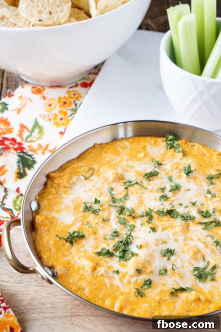 Sizzling Buffalo Chicken Dip 5 This Baked Buffalo Chicken Dip is made with real cream and blue cheeses, rotisserie chicken, hot sauce and spices for a sensational appetizer that's sure to please! Plus, it's ready in less than 30 minutes!