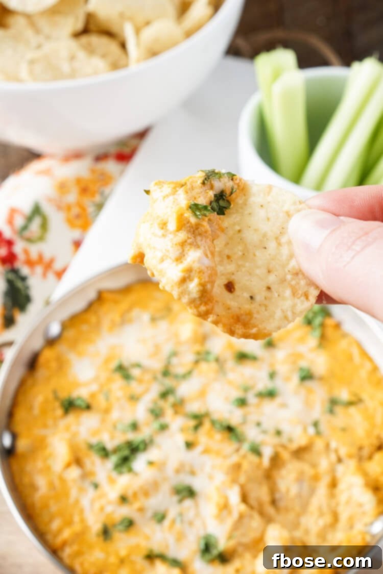 Sizzling Buffalo Chicken Dip 8 This Baked Buffalo Chicken Dip is made with real cream and blue cheeses, rotisserie chicken, hot sauce and spices for a sensational appetizer that's sure to please! Plus, it's ready in less than 30 minutes!