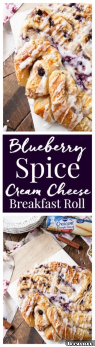 Spiced Blueberry Cream Cheese Twirl 10 This Blueberry Spice Cream Cheese Breakfast Ring is the perfect addition to a holiday brunch. A simple and sweet filling is wrapped up in crescent dough and topped with chopped pecans and icing for a delicious morning pastry the whole family can enjoy!