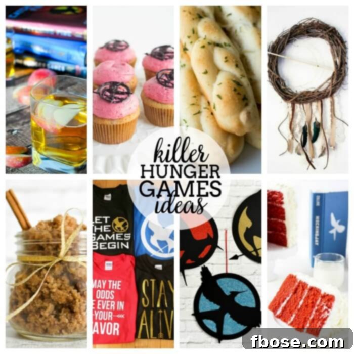 A collage of various Hunger Games themed recipes and crafts, including cocktails, breadsticks, and sugar scrubs, perfect for fans looking for creative inspiration.