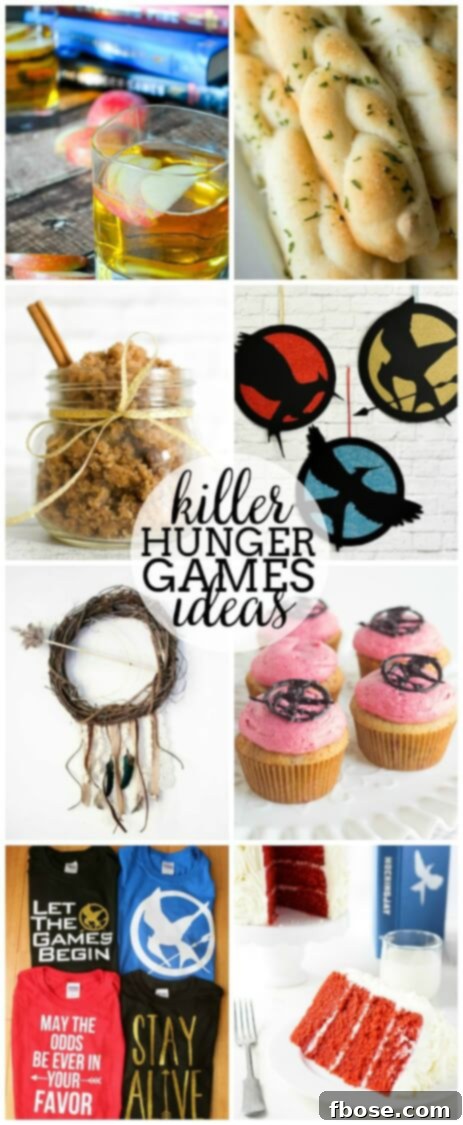 A vibrant collection of Hunger Games themed culinary and craft ideas, perfect for parties or personal enjoyment, including the Girl on Fireball Cocktail and Nightlock Berry Cupcakes.
