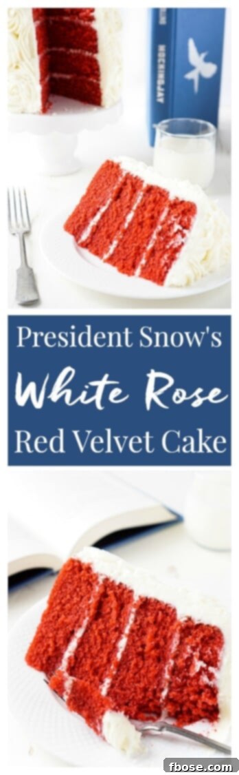 President Snow's White Rose Cake: a classic from-scratch Red Velvet Cake frosted with rich cream cheese buttercream, offering a fun literary twist inspired by The Hunger Games.