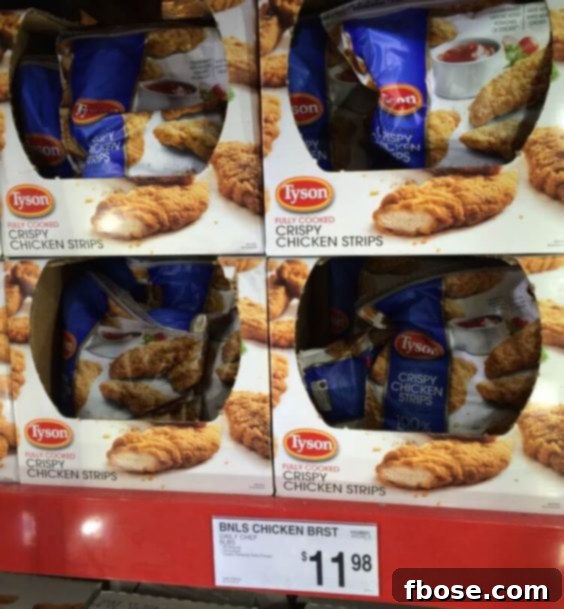 Tyson Crispy Strips in packaging, available at Walmart or Sam's Club, ready for easy meal prep.