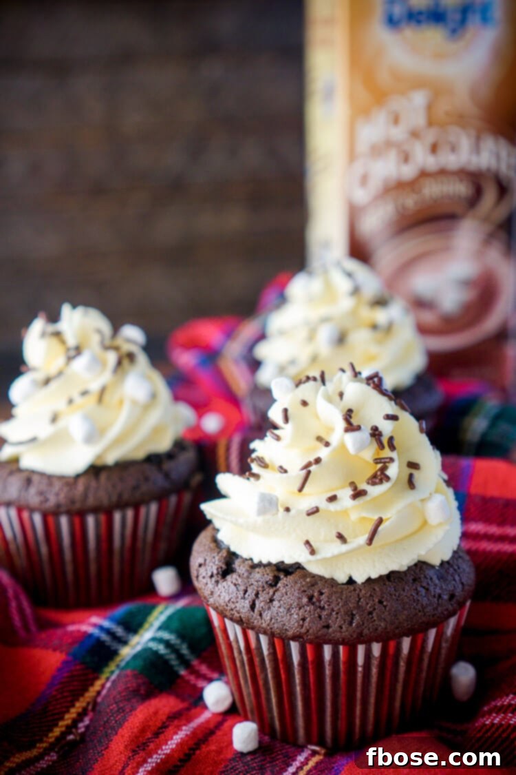 Cozy Cocoa Cupcakes 6 Hot Chocolate Cupcakes stacked on a tiered plate, ready for a party or celebration