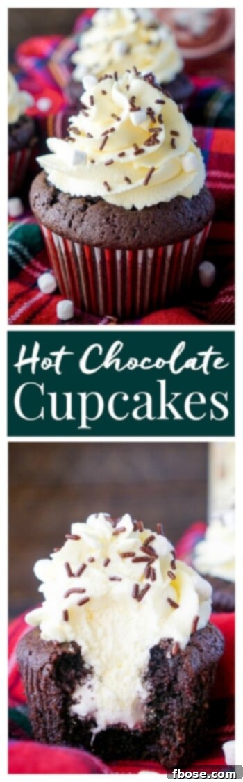 Cozy Cocoa Cupcakes 8 Rich and moist Hot Chocolate Cupcakes with marshmallow filling and whipped cream frosting