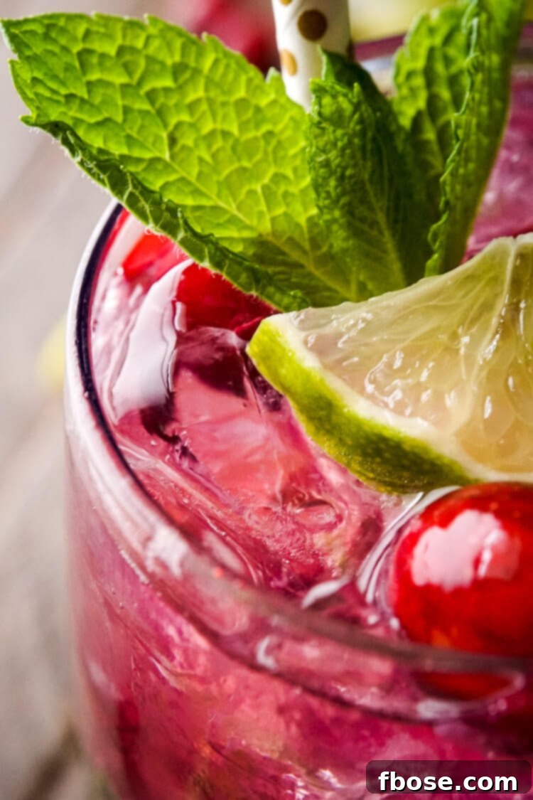 Close-up shot of a single glass of Cranberry Mojito Punch, highlighting the rich red color, mint, and lime.
