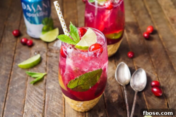 A glass filled with a cranberry mojito on a wooden table, featuring fresh cranberries and mint.