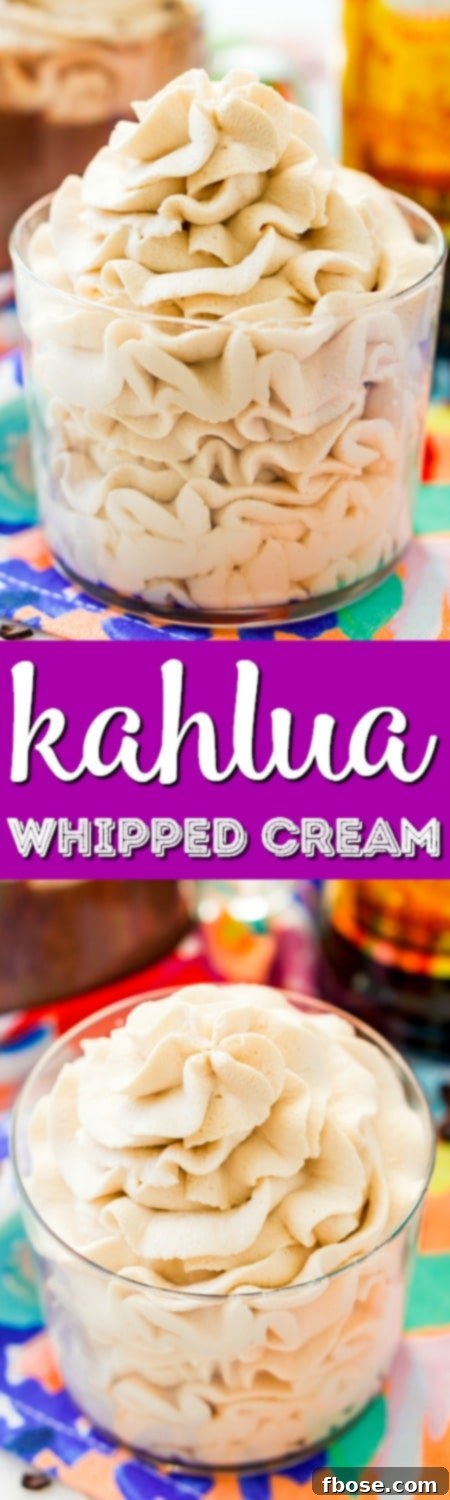 Pin this Kahlua Whipped Cream recipe for hot chocolate, milkshakes, mudslides, and more!