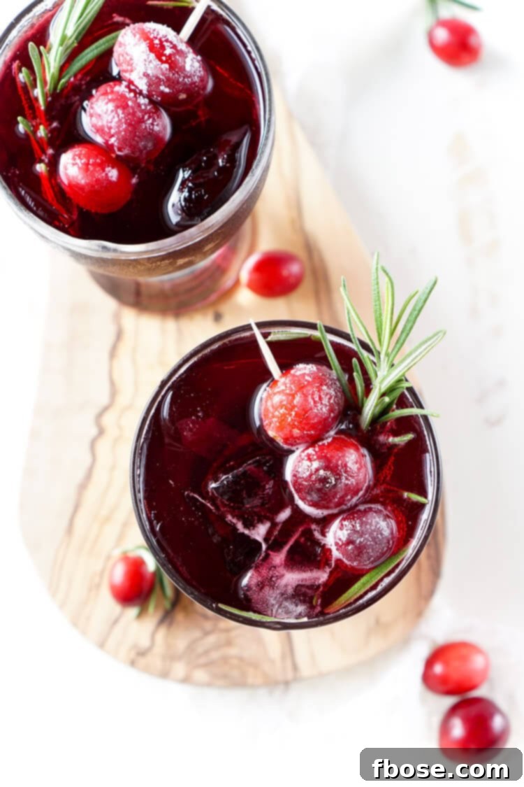 A close-up shot of the Cranberry Cooler showing the rich red color of the drink, garnished with frosted cranberries and a sprig of fresh greenery, ready to be served in a elegant glass.