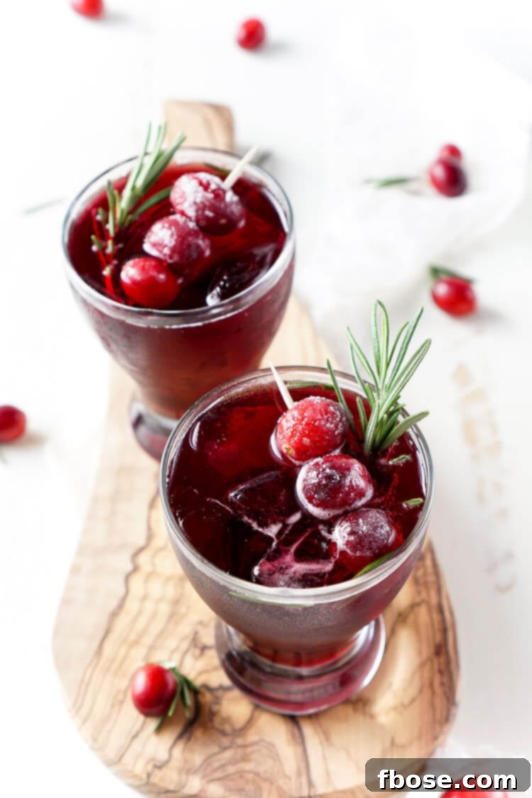 Ingredients for a Cranberry Cooler laid out: cranberry concentrate, simple syrup, peppermint extract, and club soda, ready to be mixed into a festive mocktail.