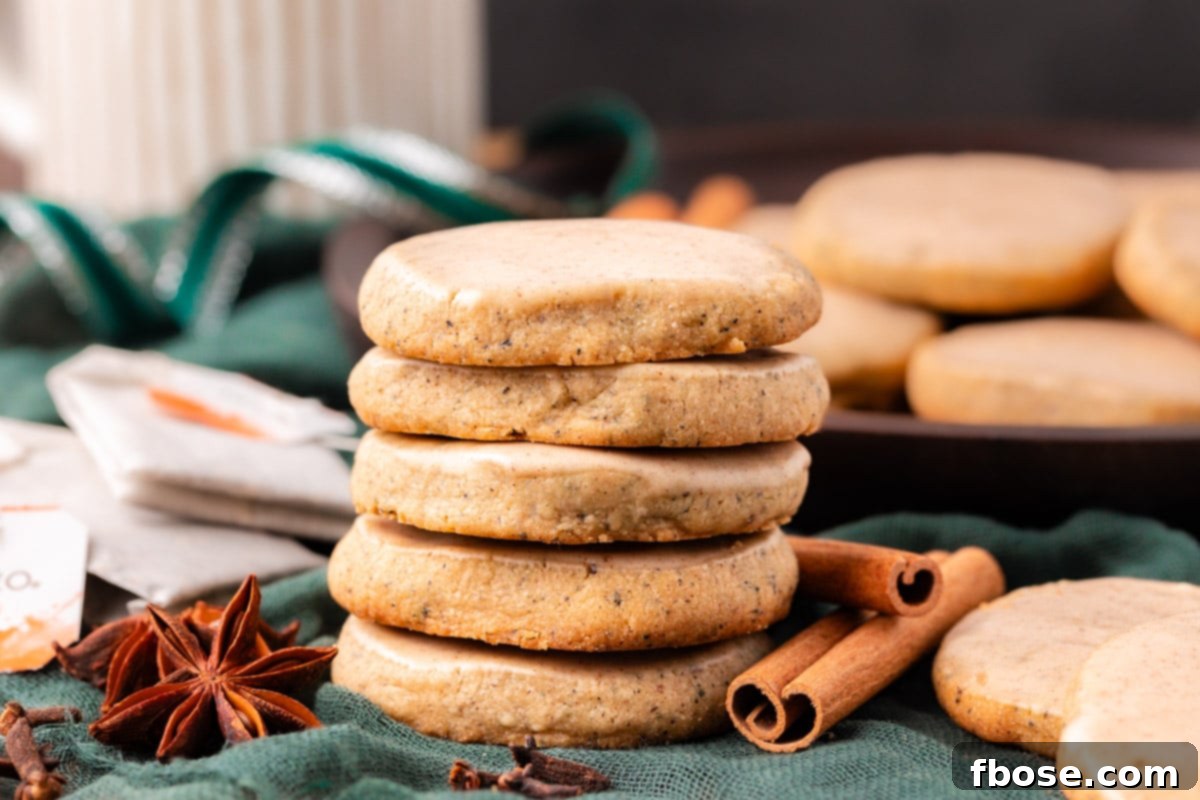 Close up of a stack of chai shortbread cookies.