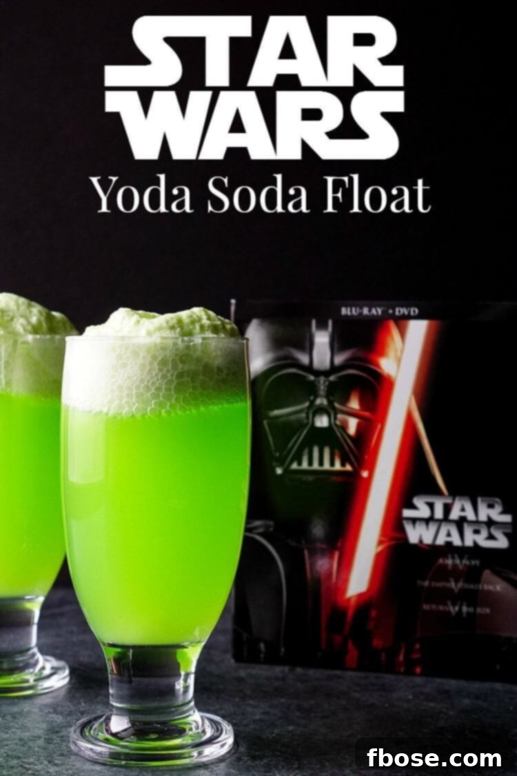 A vibrant green Yoda Soda Float topped with a scoop of vanilla ice cream, ready for a Star Wars themed party