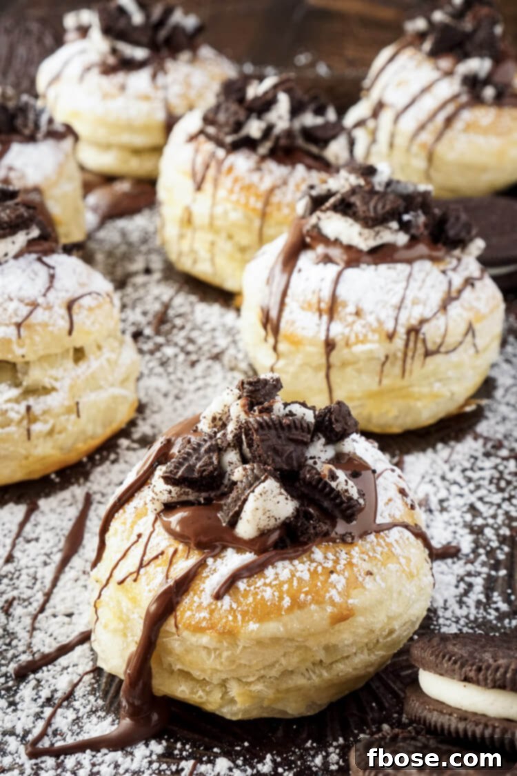 Close-up of golden brown Croissookies dusted with powdered sugar and drizzled with chocolate, sitting on parchment paper.