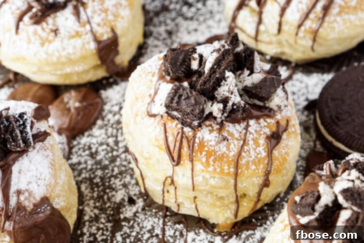 Croissookie recipe image featuring a close-up of the pastry with melted chocolate and crushed Oreos.