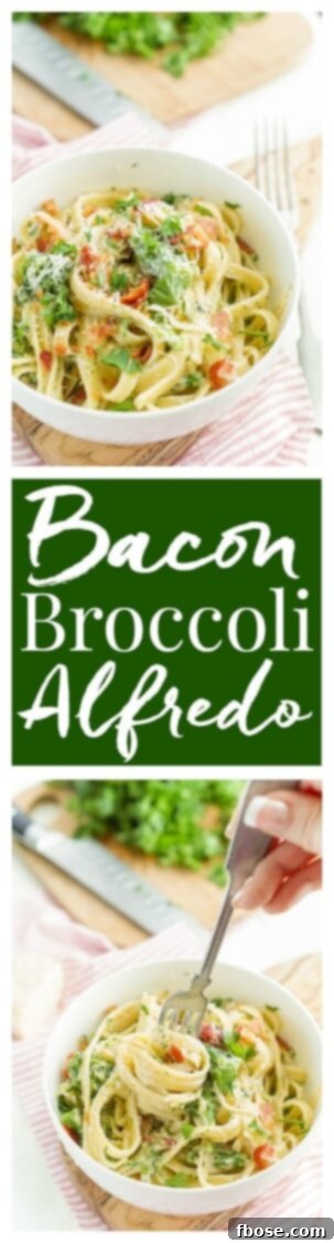A final close-up of the appetizing Bacon and Broccoli Fettuccine Alfredo, ready to be served.