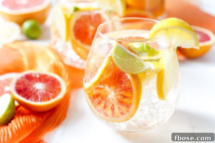 A large pitcher of Citrus Sangria, overflowing with sliced ruby red grapefruit, blood oranges, lemons, and key limes.