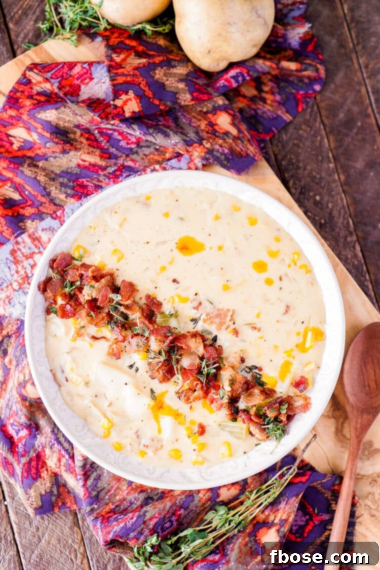 Close-up of creamy corn chowder with bacon bits and fresh herbs in a white bowl