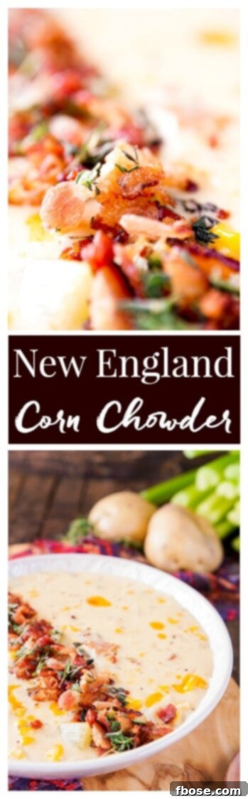 Pin this New England Corn Chowder with Bacon recipe for later. A delicious, creamy, and slightly spicy adaptation of a classic comfort food.