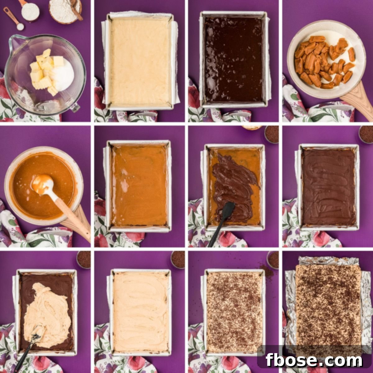 Golden Reserve Bars 5 A step-by-step photo collage illustrating the meticulous process of making Billionaire Bars, from ingredients to finished layers.