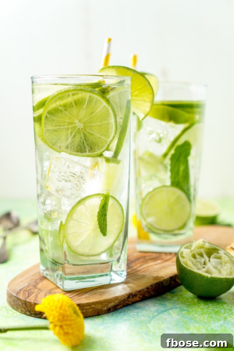 Refreshing Mojito Water in a glass with lime slices and mint leaves