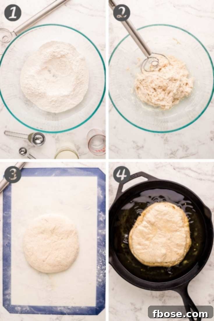 Effortless Bannock Bread 5 Step-by-step photo collage showing how to make bannock bread from scratch, from mixing ingredients to frying.