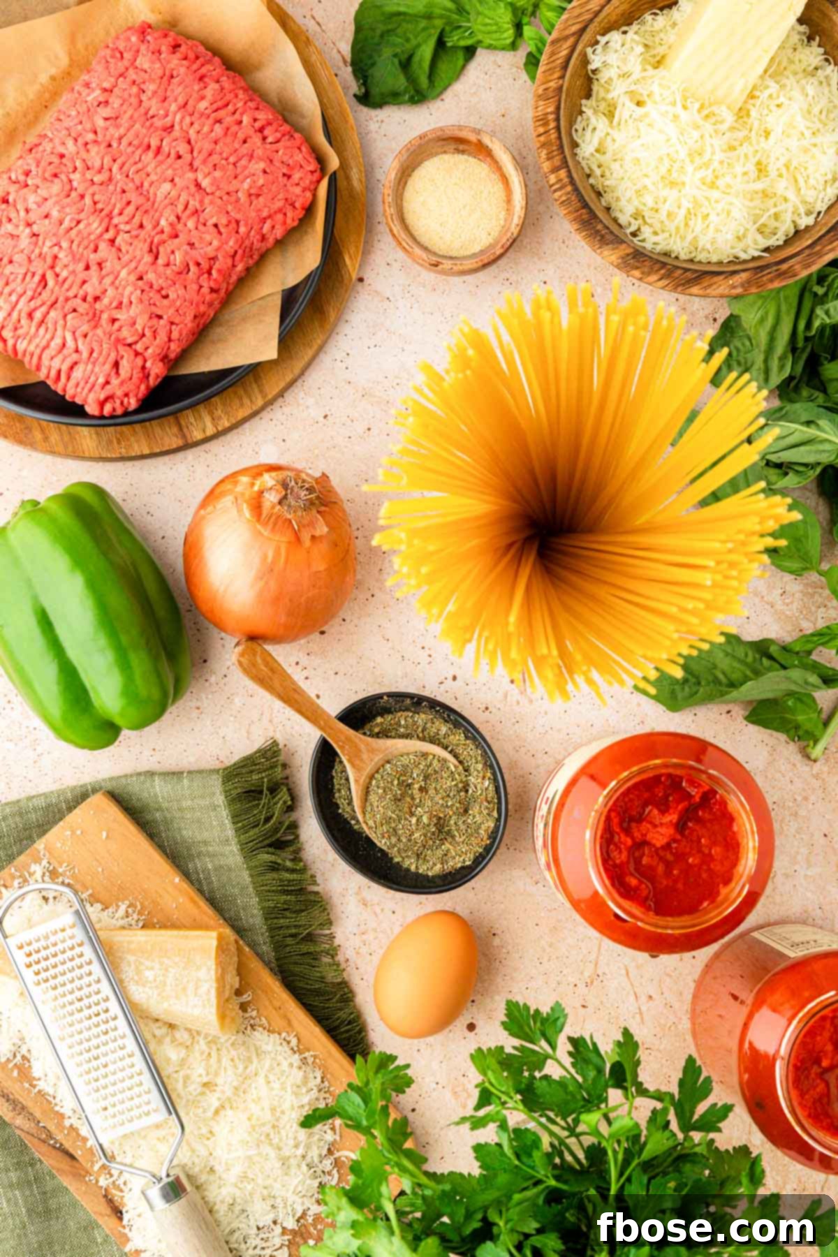 Overhead photo of ingredients to make spaghetti pie on a table.
