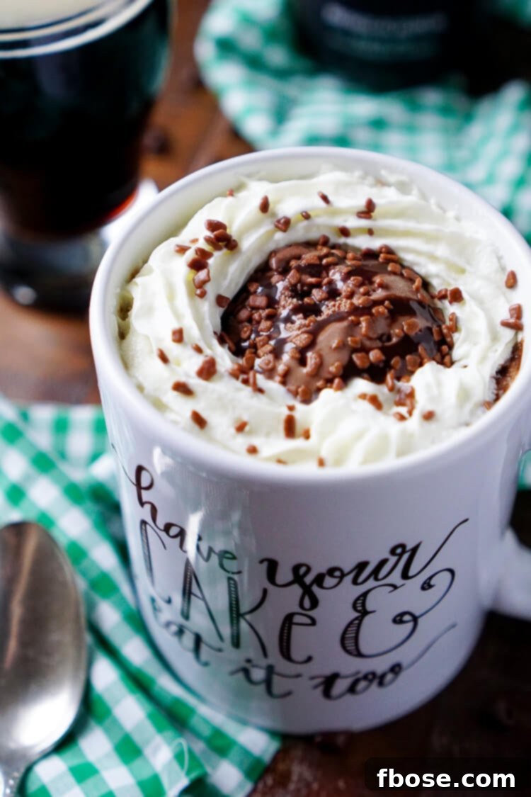 Close-up of a Guinness Chocolate Mug Cake with chocolate chips, showcasing its moist texture