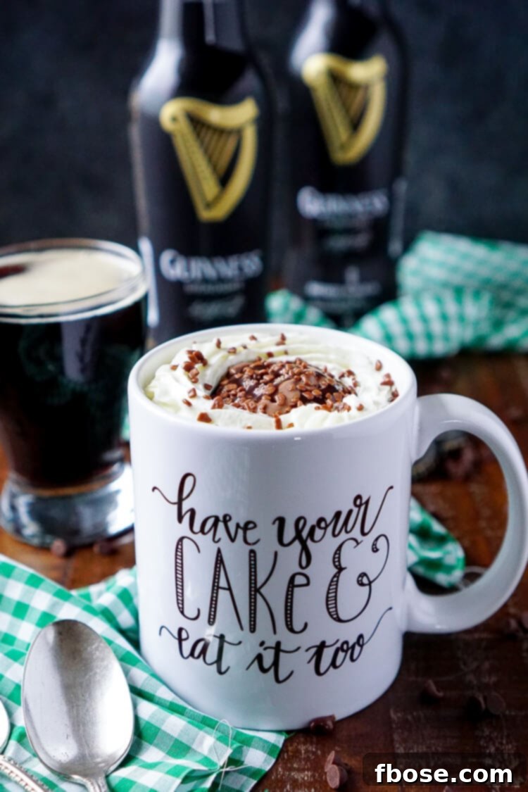 Freshly baked Guinness Chocolate Mug Cake, still warm from the microwave, ready for toppings