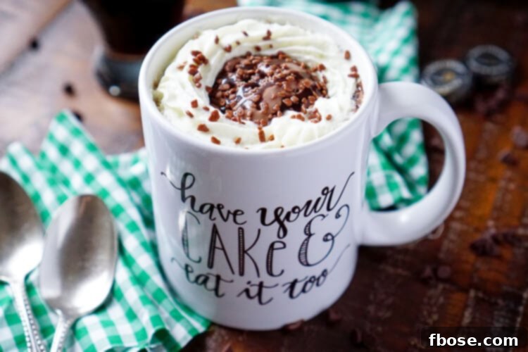The finished Guinness Chocolate Mug Cake in an adorable mug, showcasing a beautiful topping of whipped cream and sprinkles