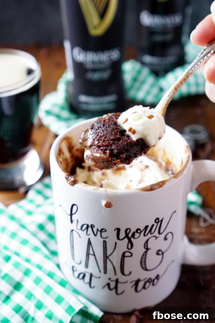 A beautifully presented Guinness Chocolate Mug Cake in a charming mug, showcasing the delightful blend of stout and chocolate