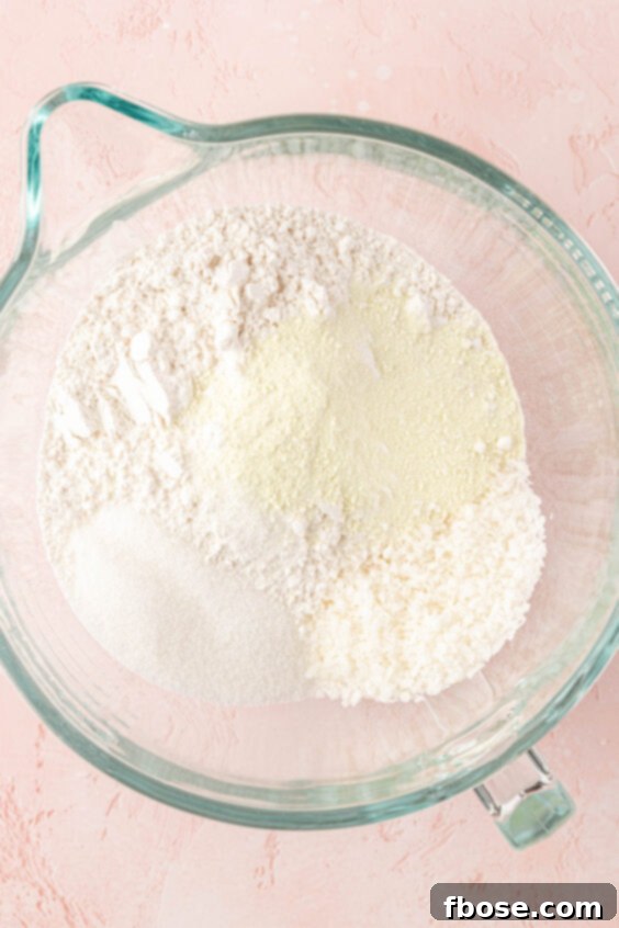 Dry ingredients for coconut cake in a mixing bowl.