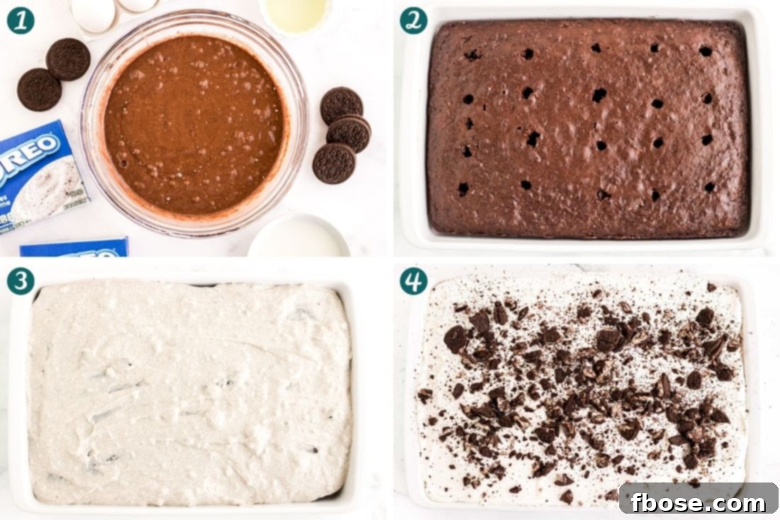 Step by step photo collage showing how to make oreo poke cake, from mixing to frosting.