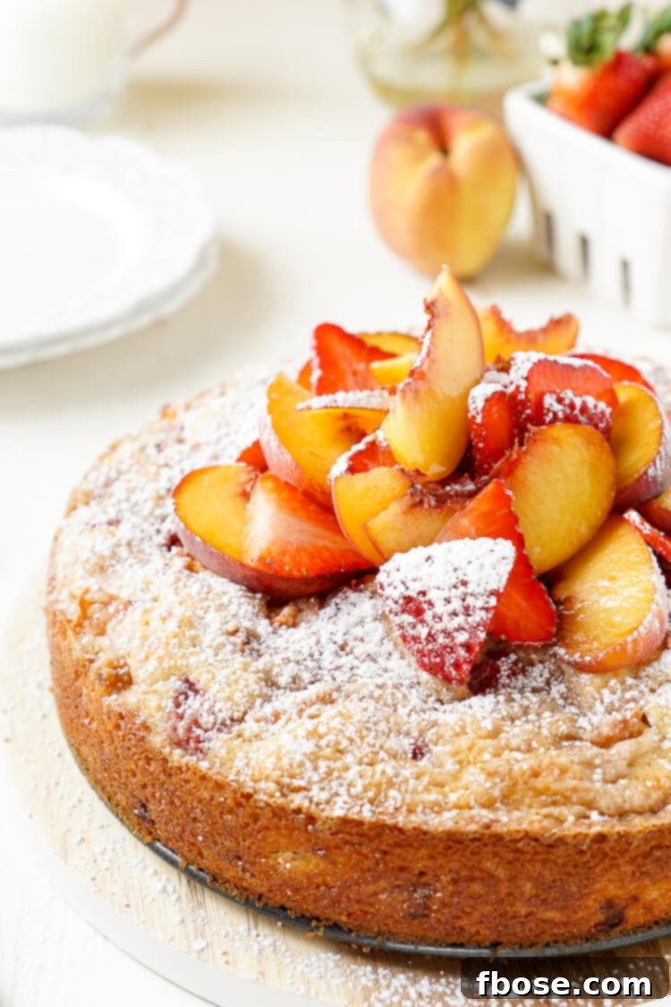 Strawberry Peach Coffee Cake 2 Delicious Strawberry and Peach Coffee Cake with fresh fruit on top, perfect for breakfast or brunch.