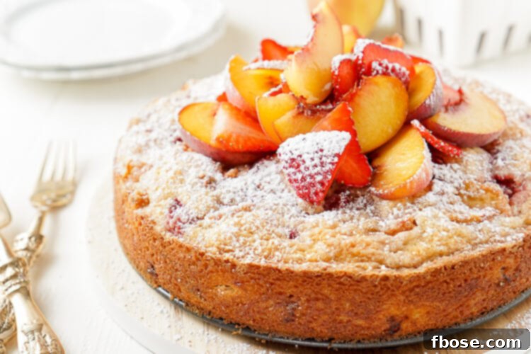 Strawberry Peach Coffee Cake 3 Close-up shot of the Strawberry and Peach Coffee Cake, showcasing its golden-brown streusel and visible fruit.