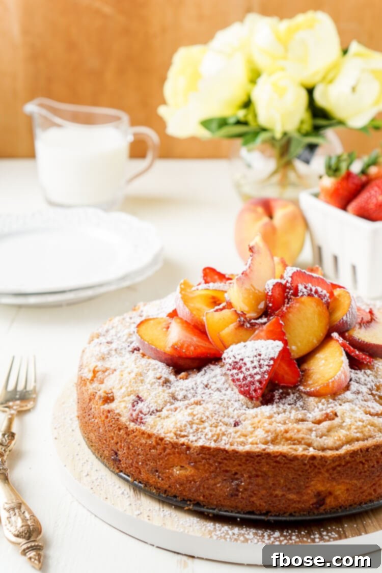 Strawberry Peach Coffee Cake 4 A slice of Strawberry and Peach Coffee Cake on a plate, ready to be enjoyed.