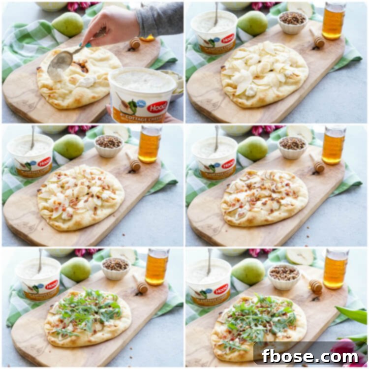 Overhead shot of a Honey Pear Bacon Flatbread, showcasing its artful arrangement of ingredients and golden-brown crust, inviting a delightful culinary experience.