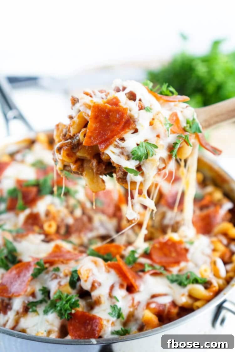 One Pan Pizza Pasta, a quick and easy weeknight meal with pizza toppings.