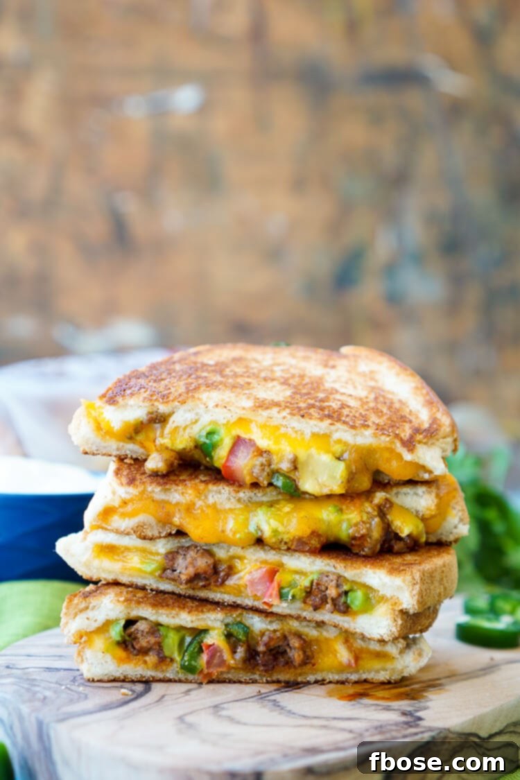 Several Taco Grilled Cheese Sandwiches presented beautifully, ready to be served.