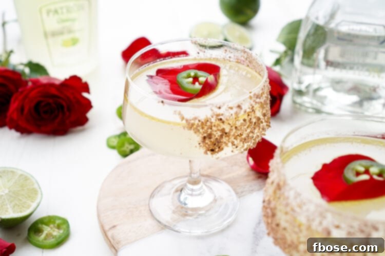 Close-up of a perfectly garnished Patrón Spicy Jalapeño Margarita with a rose petal and jalapeño slice.
