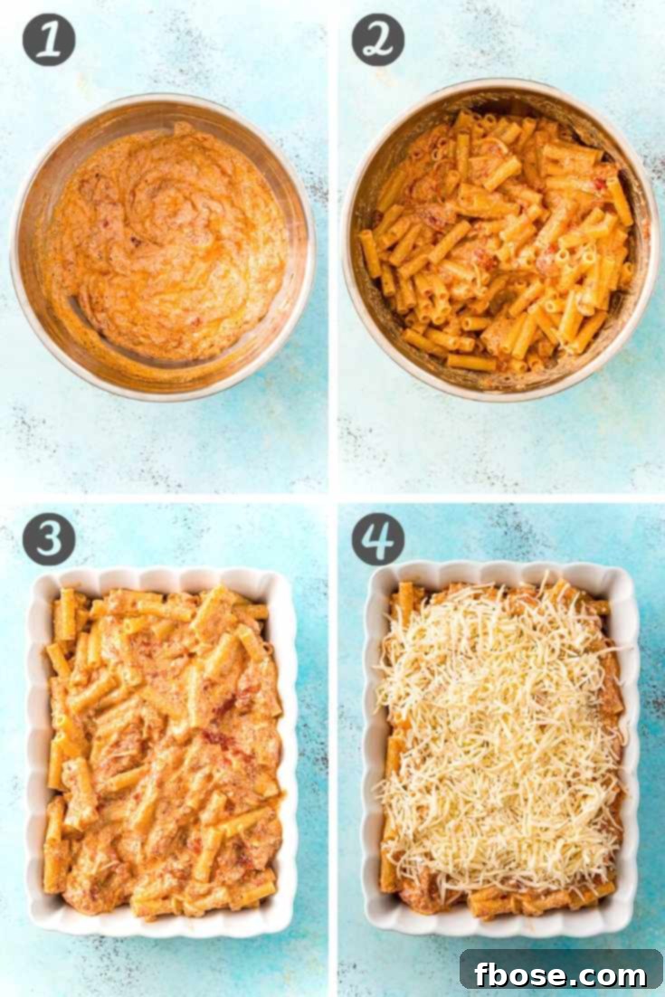 Deliciously Easy Baked Ziti 4 A step-by-step photo collage illustrating the process of making baked ziti, from mixing ingredients to the final baked dish.