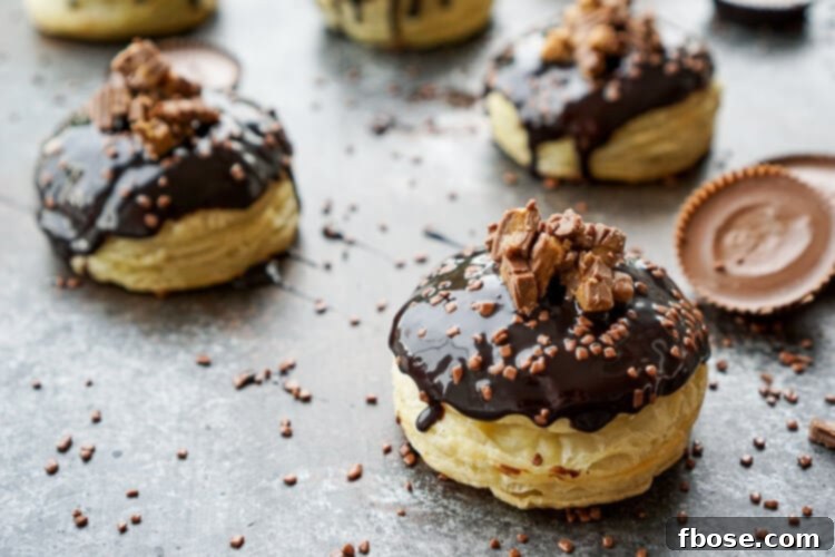 Close-up of a Reese's Stuffed Puff Pastry Donut on a white plate