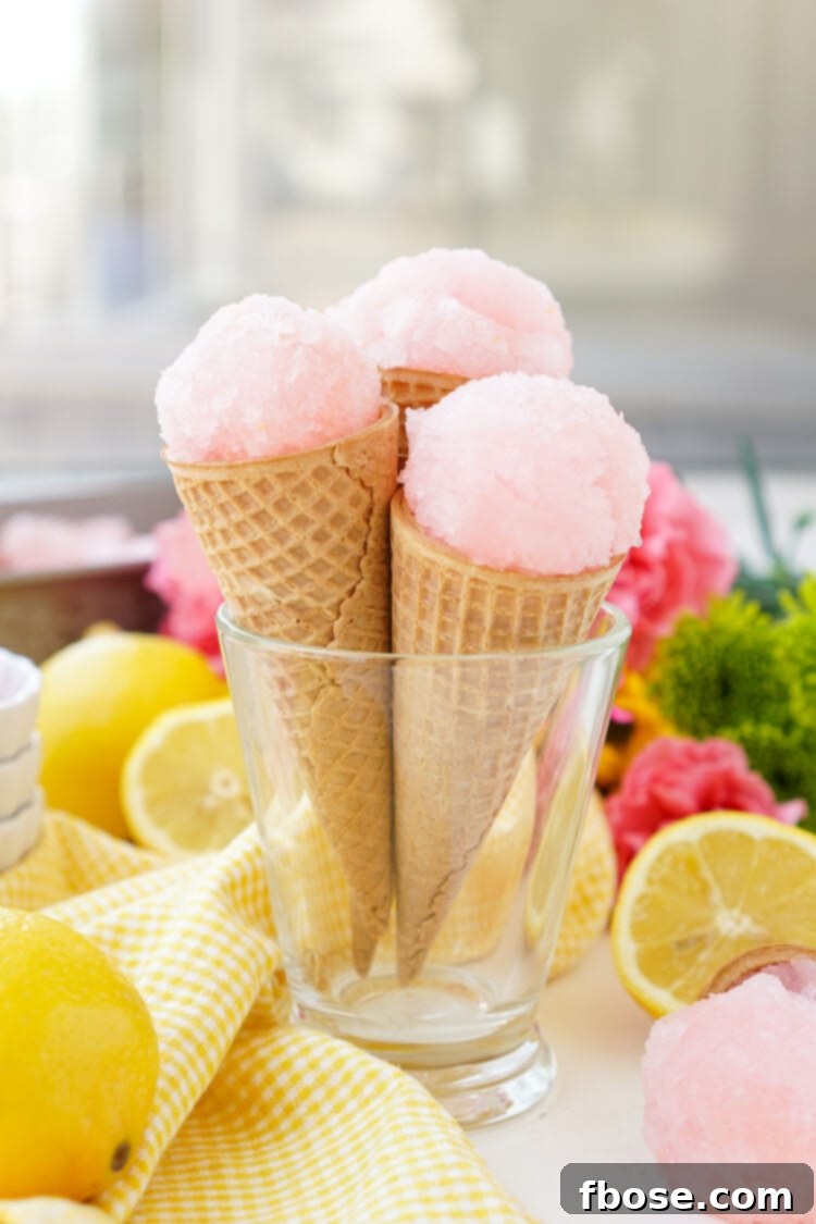 A scoop of Pink Lemonade Sorbet garnished with fresh mint and a lemon wedge.