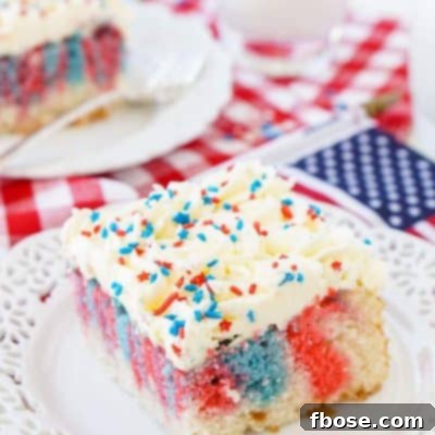 Americana Swirl Sheet Cake 6 This Red, White, and Blue Marble Sheet Cake is made with an adapted cake box mix and topped with a whipped white chocolate frosting. It's the perfect patriotic dessert for the 4th of July!