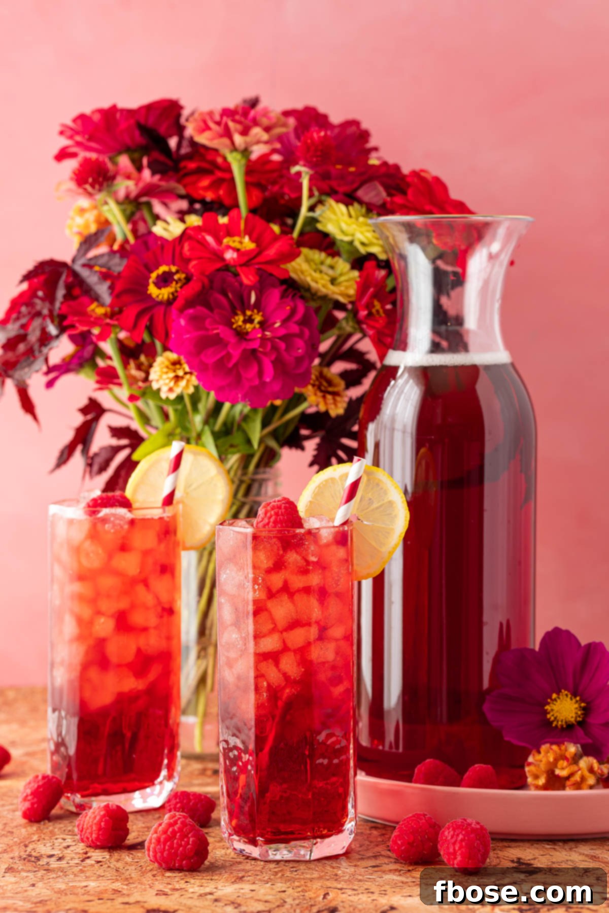 Glasses of raspberry iced tea on a wooden table, accompanied by a pitcher of tea, fresh raspberries, lemon slices, and a decorative vase of flowers, setting a serene summer scene.