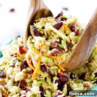 Crunchy Ramen Noodle Salad with broccoli slaw and craisins in a serving bowl.