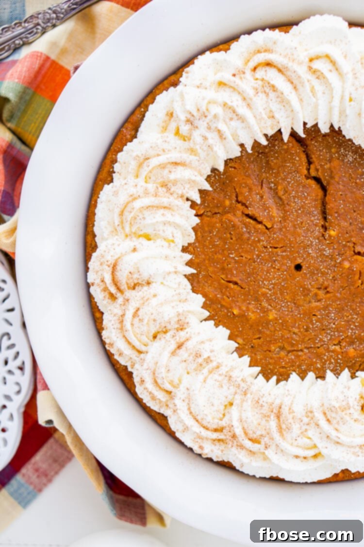 Close-up of a slice of Impossible Pumpkin Pie with a dense, creamy texture and a hint of a self-formed crust.