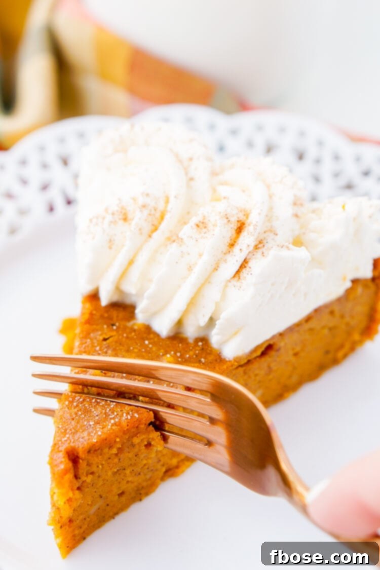 A close-up shot of a slice of Impossible Pumpkin Pie with whipped cream and a sprinkle of cinnamon, ready to eat.